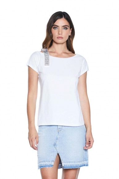 T-Shirt Bretin bianca con spallina strass RELISH