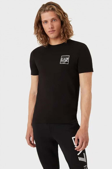 EA7 T-shirt nero in cotone con stampa a contrasto 3LPT52