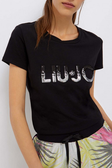 LIU JO T-shirt nera con logo e strass 2028
