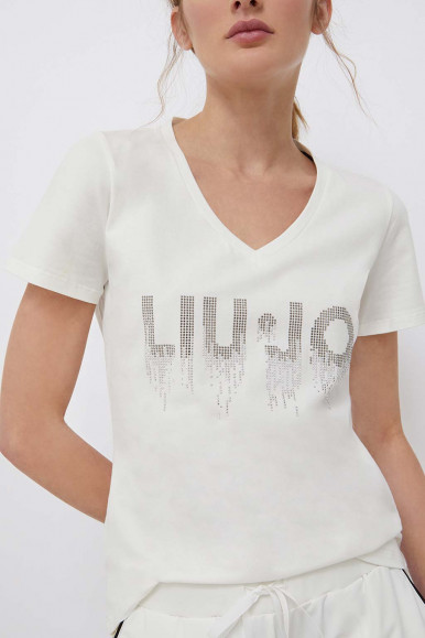 LIU JO T-shirt bianca collo V con strass 2029