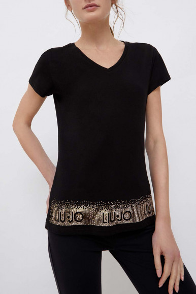 LIU JO T-shirt nera con logo e applicazioni 2089