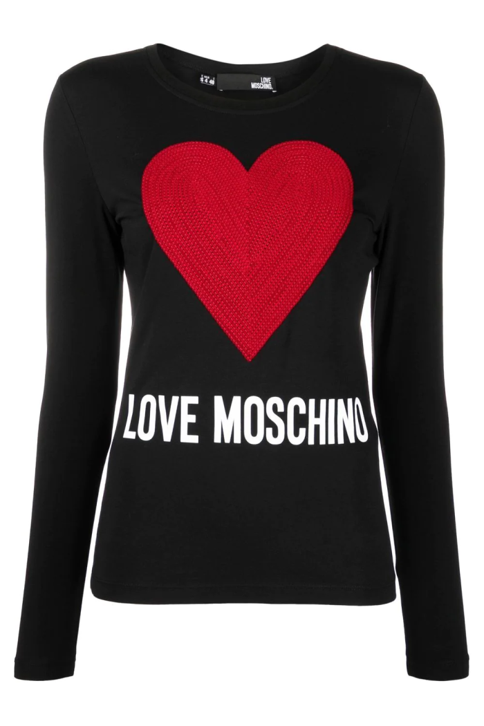T-shirt nera con cuore a maniche lunghe Love Moschino.4G5233E