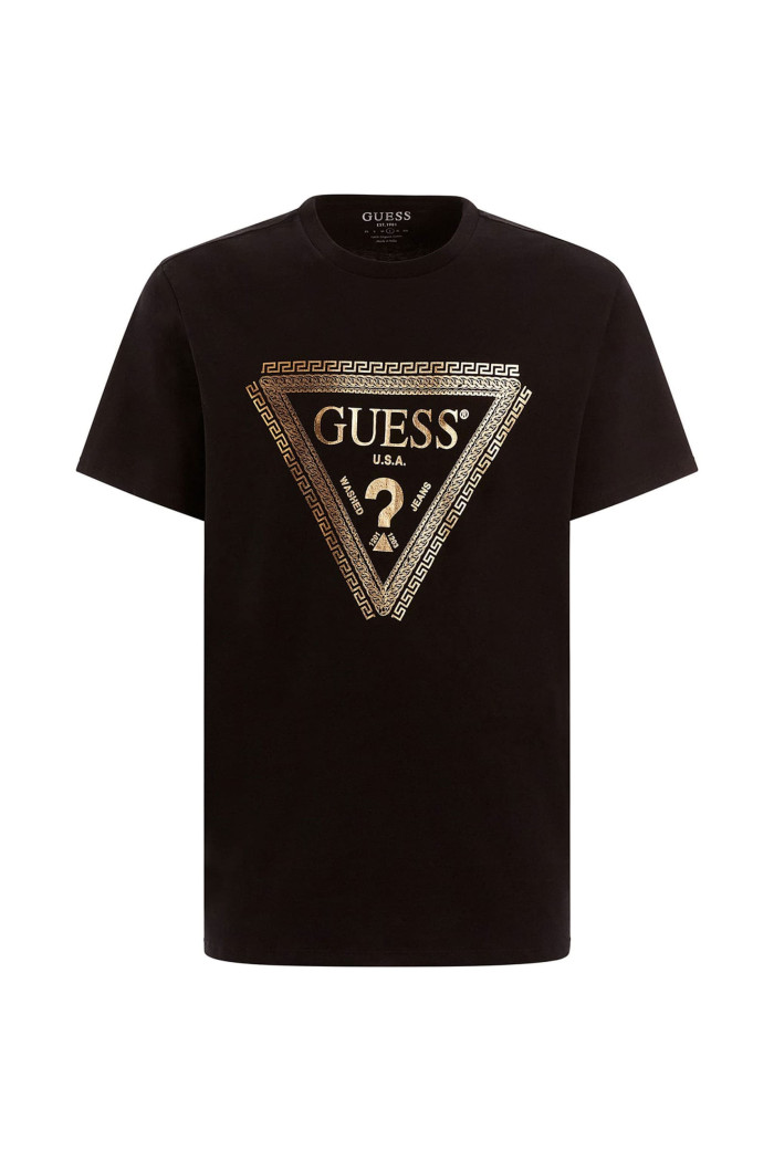 T-shirt nera logo triangolo metallizzato Guess Chain