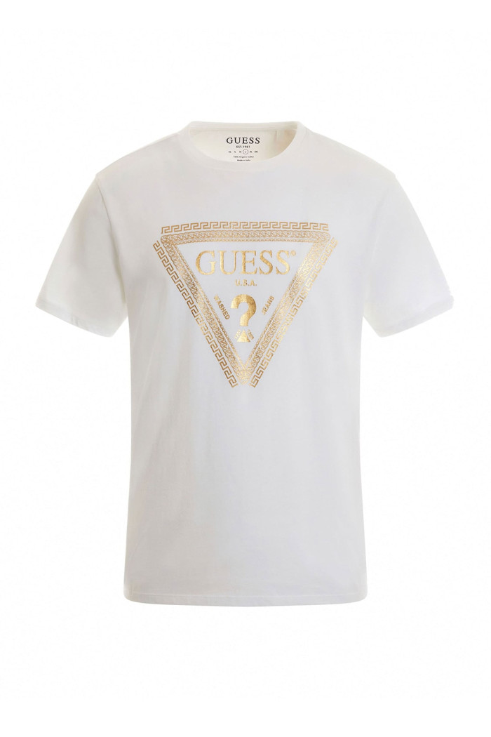 T-shirt bianca logo triangolo metallizzato Guess Chain