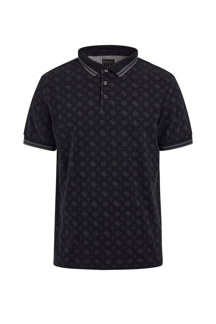 Polo Nera Con Stampa Monogramma All over Guess Olympic