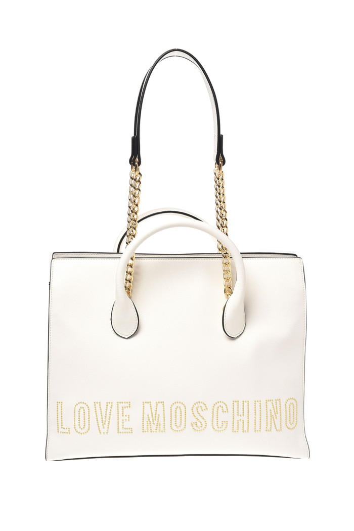 Borsa shopper Love Moschino bianca logo con borchie oro 4209
