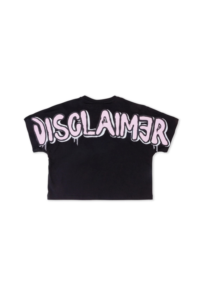 T-Shirt crop nera donna Disclaimer stampa retro pop rosa 53523