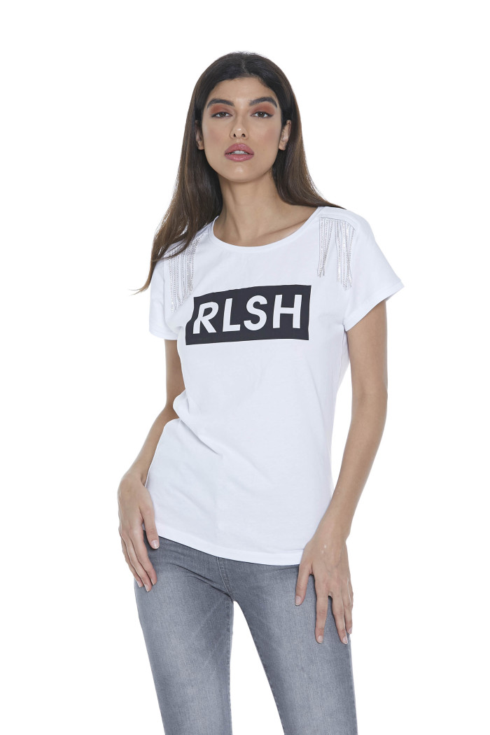 T-Shirt Relish bianca con applicazione catene di strass e stampa LANTANA