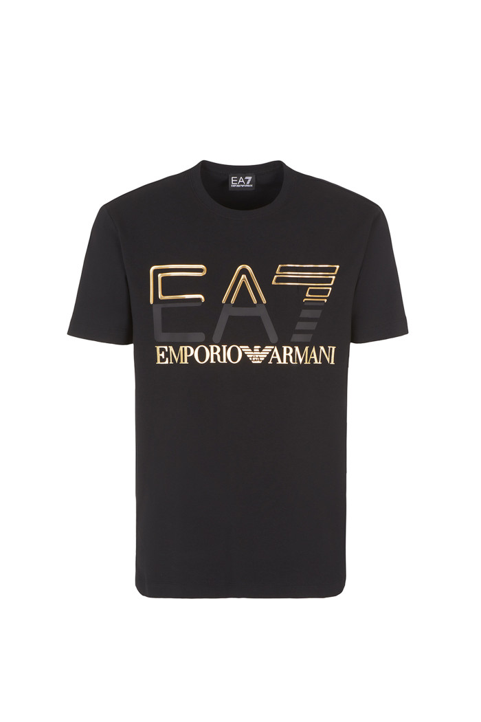 T-shirt nera EA7 da uomo in jersey di cotone stretch 3RPT06