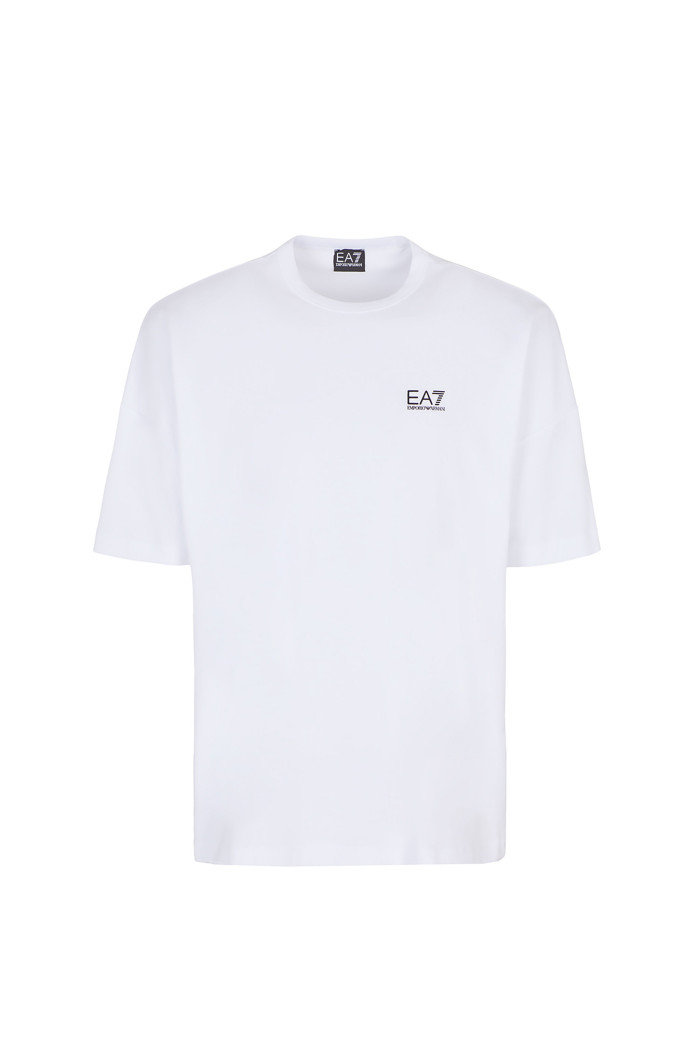 T-shirt bianca EA7 con logo nero e stampa retro 3RPT12