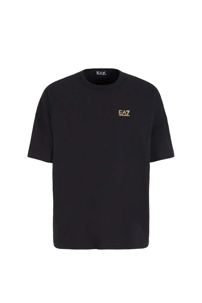 T-shirt nera EA7 con logo oro e stampa retro 3RPT12