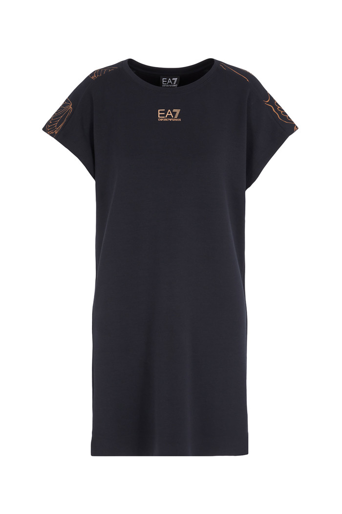 Abito corto nero a t-shirt con scritta logo a contrasto EA7 in misto modal 3RTA54
