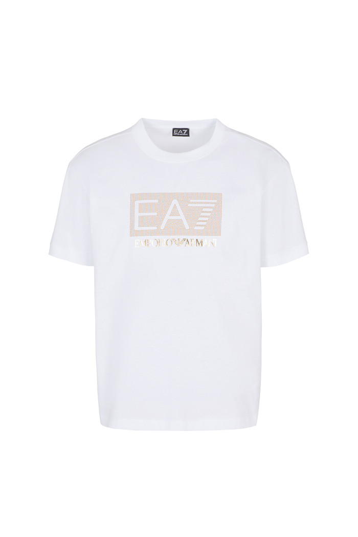 Tshirt uomo EA7 bianca con logo in borchie dorate 3RUT05