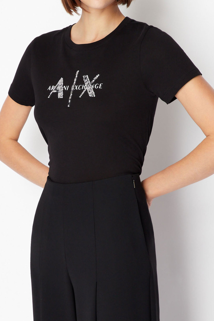 T-shirt nera girocollo in cotone con paillettes e perline Armani Exchange 3RYTBQ