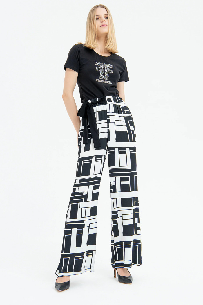 Pantalone ampio in fantasia geometrica bianco-nero FRACOMINA E3012