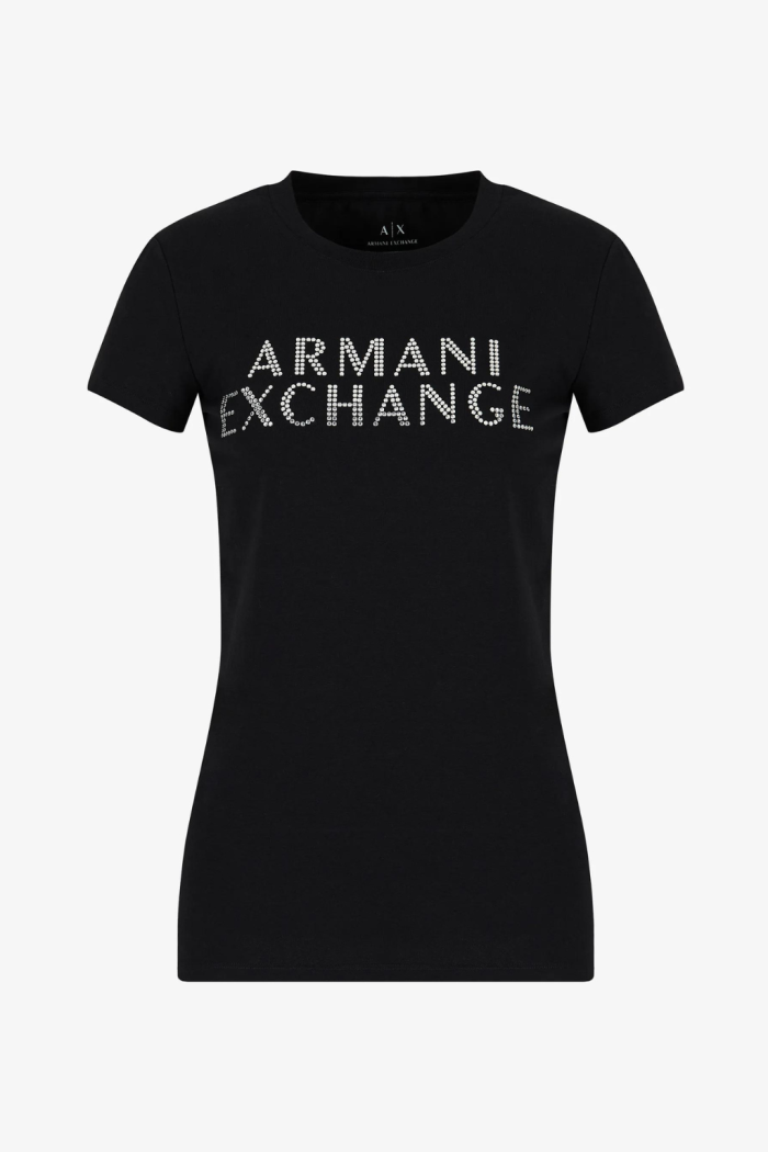 T-shirt nera Armani Exchange Sustainability Values logo con strass 6RYT35