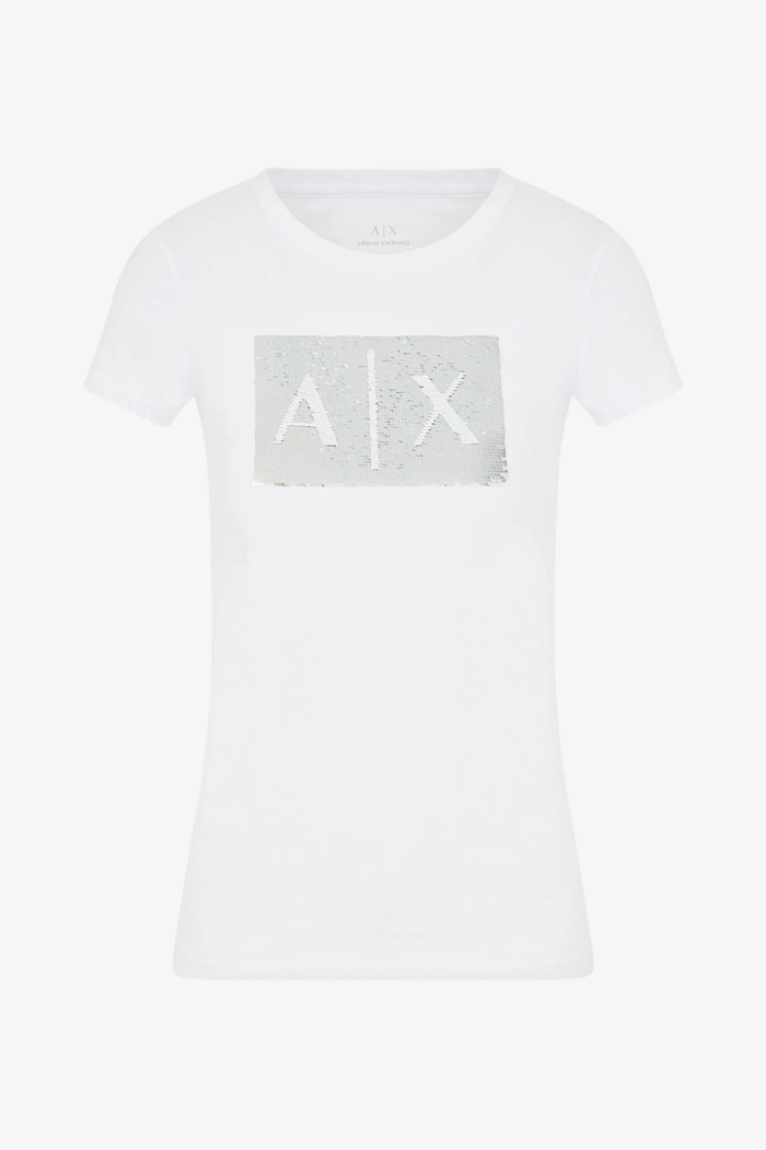 T-shirt bianca Armani Exchange regular fit in jersey con paillettes 8NYTDL