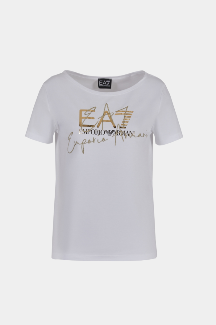 T-SHIRT BIANCO ORO DONNA EA7 LOGO SERIES IN COTONE STRETCH 3DTT26