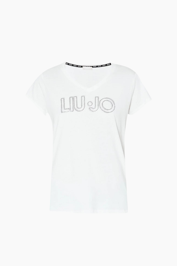 T-shirt avorio Liu Jo con logo e strass in jersey di cotone 3297