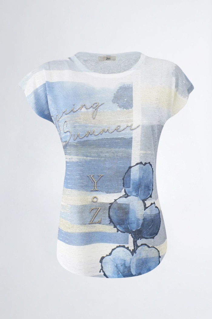 T-SHIRT CELESTE DONNA YES-ZEE CON STAMPA T243-Y303