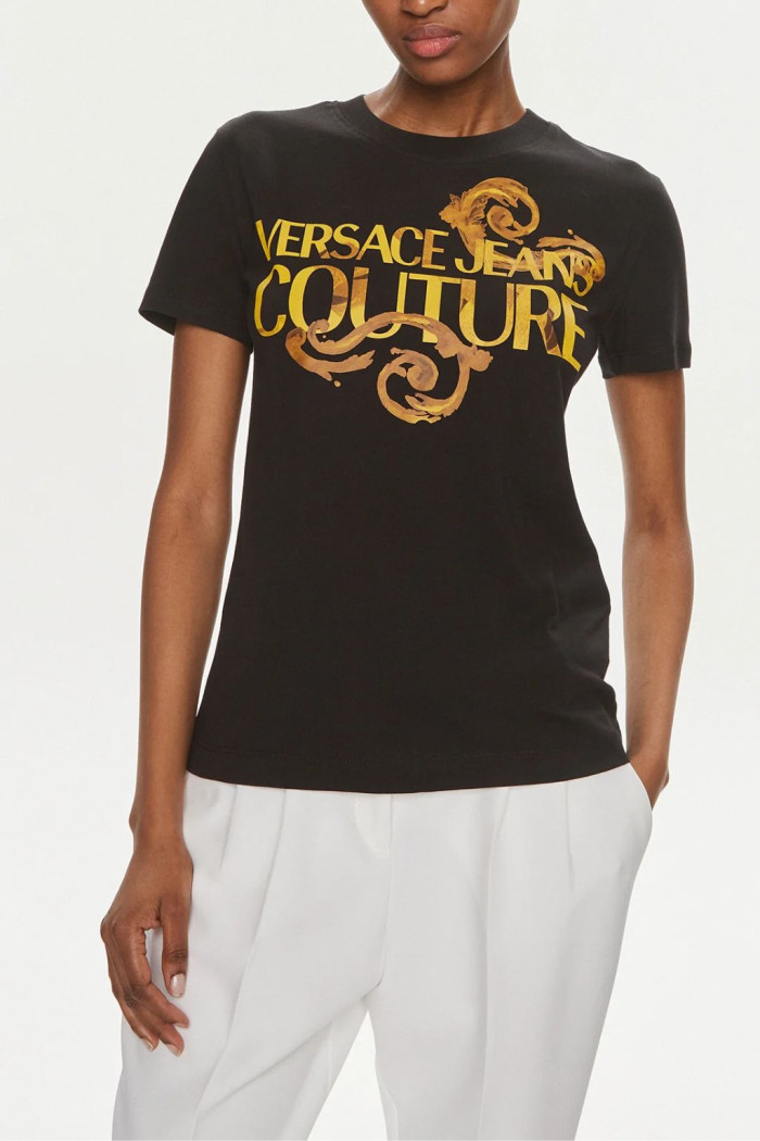 VERSACE JEANS COUTURE T-SHIRT DONNA NERA STAMPA ORO HG00