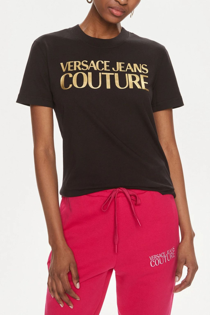 VERSACE JEANS COUTURE T-SHIRT DONNA NERA CON LOGO ORO HT04