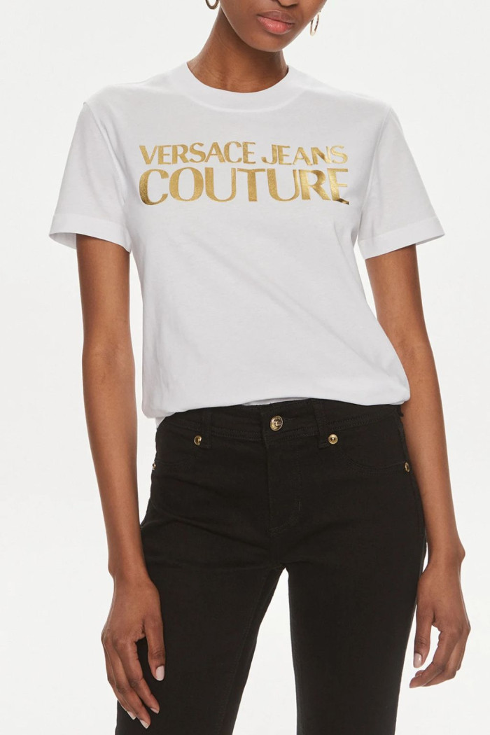 VERSACE JEANS COUTURE T-SHIRT DONNA BIANCA CON LOGO ORO HT04