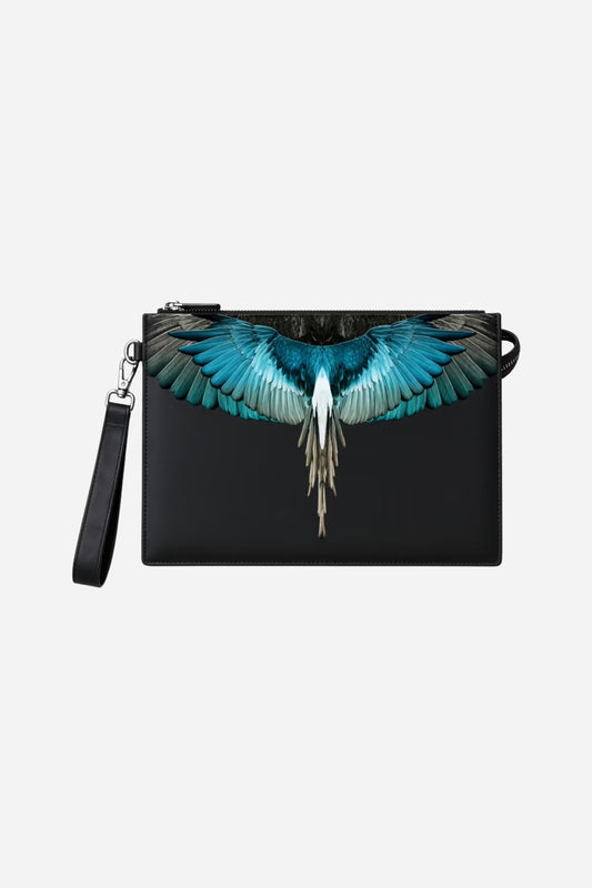 Pouch uomo media in ecopelle con ali - Nero-Turchese