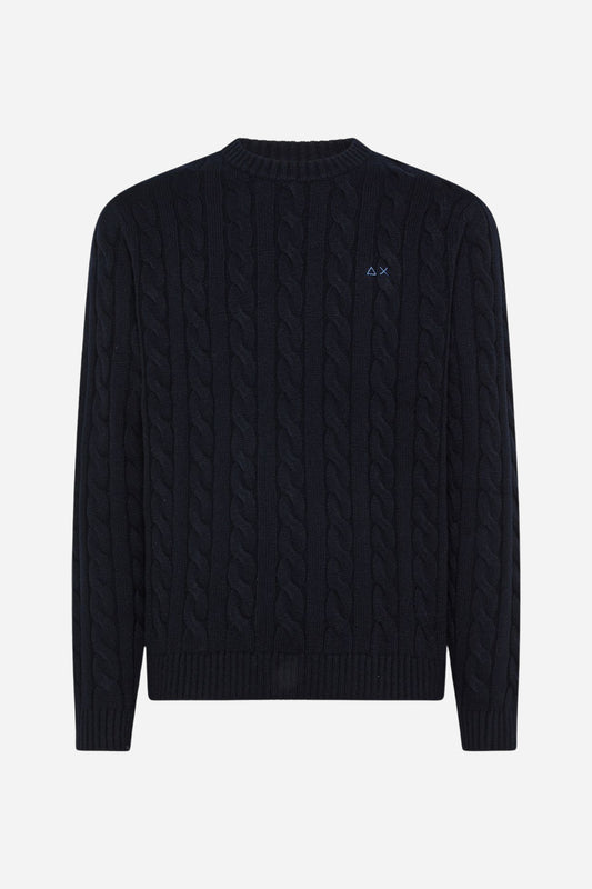 Sun68 Maglia girocollo lana cashmere a trecce - Navy Blue