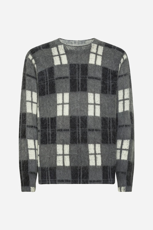 Maglia SUN68 girocollo in lana alpaca check - Grigio scuro