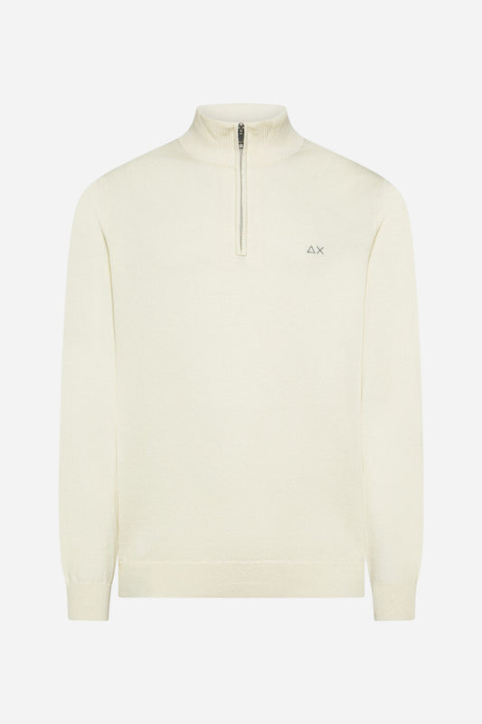 Sun68 Maglia collo alto con zip cotone lana - Panna