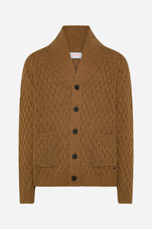 Cardigan SUN68 in lana e alpaca lavorazione nido d’ape - Cacao