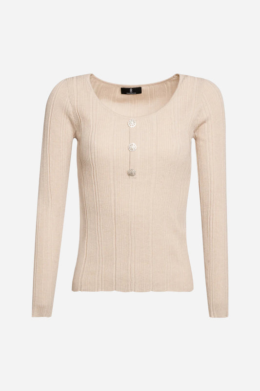 Maglia slim a costine maniche lunghe girocollo - Avorio
